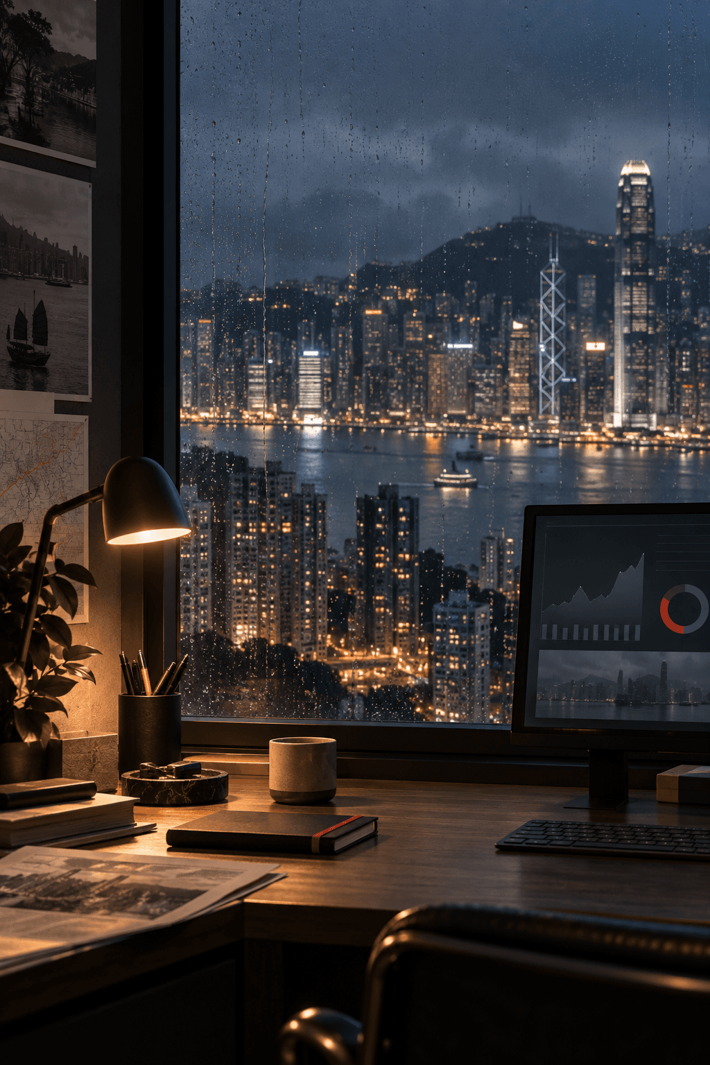 Hong Kong night desk with a city view
